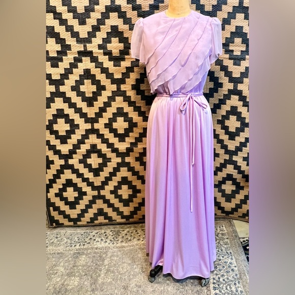 VINTAGE waterfall ruffle dress formal gown chiffon lavender 60s 70s mid century - Picture 10 of 15